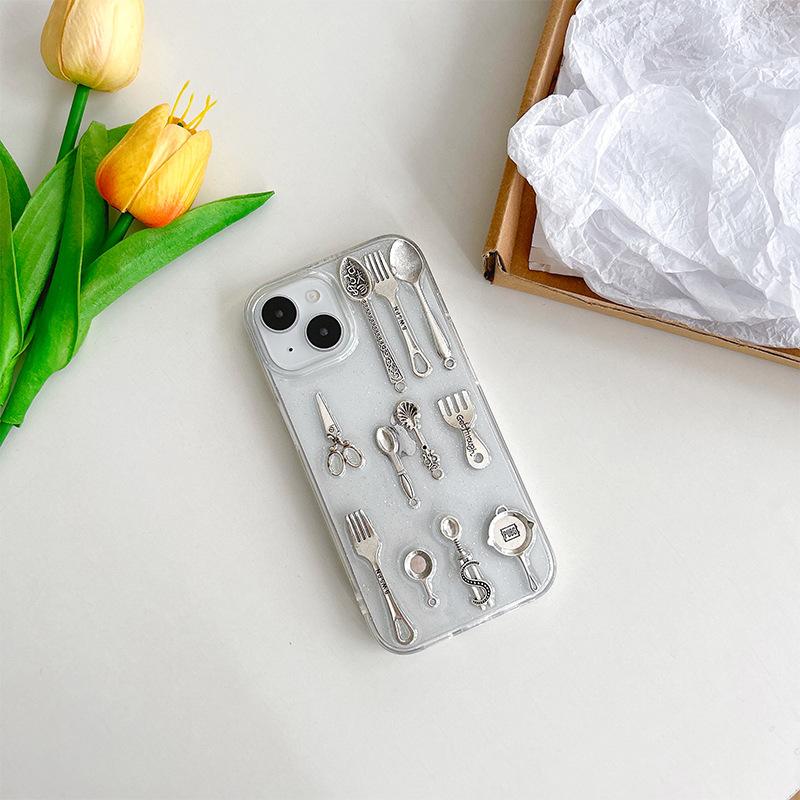 

Simulation knife and fork Epoxy mobile phone case for Iphone15Promax tool fun Apple 17 transparent 16 kitchen utensils iPhone 7/8/SE 2020