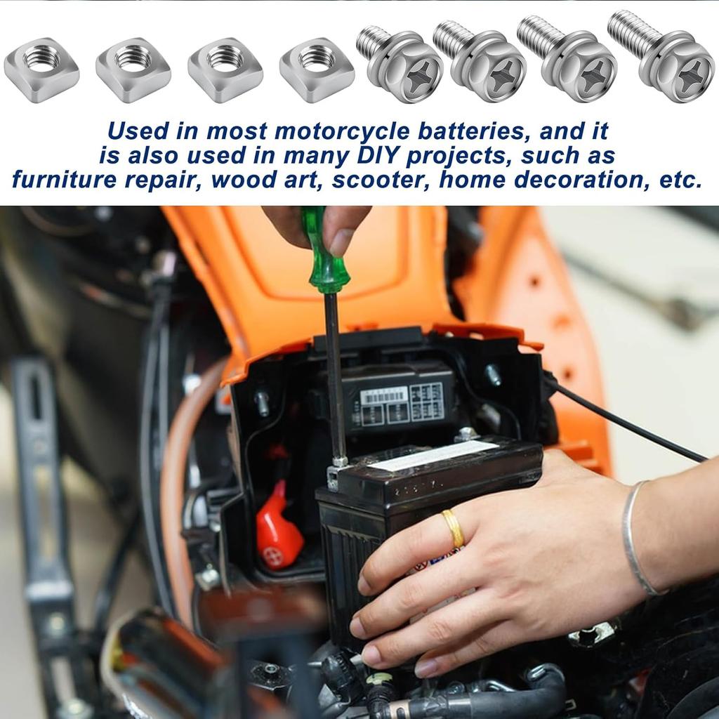 64 Pcs Battery Bolt Square Nut Kit Battery Bolts And Nuts, M6 304 Stainless Steel Motorcycle Battery Terminal Nuts And Bolt Kit,M6X10/12/14/16Mm