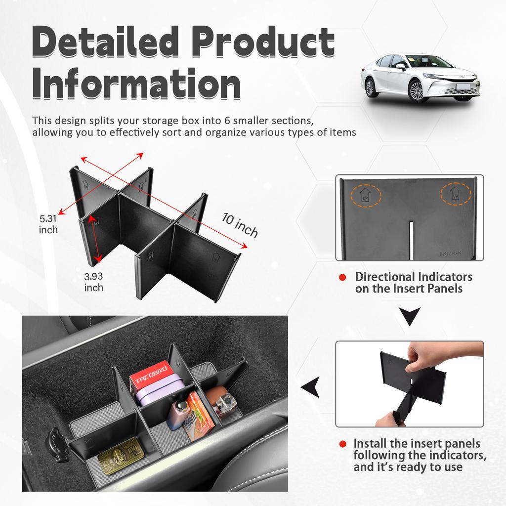 2PCS Center Console Dividers Armrest Storage Box for 2025 Toyota Camry (XSE/XLE/SE/LE) Interior Storage Organizer Accessories