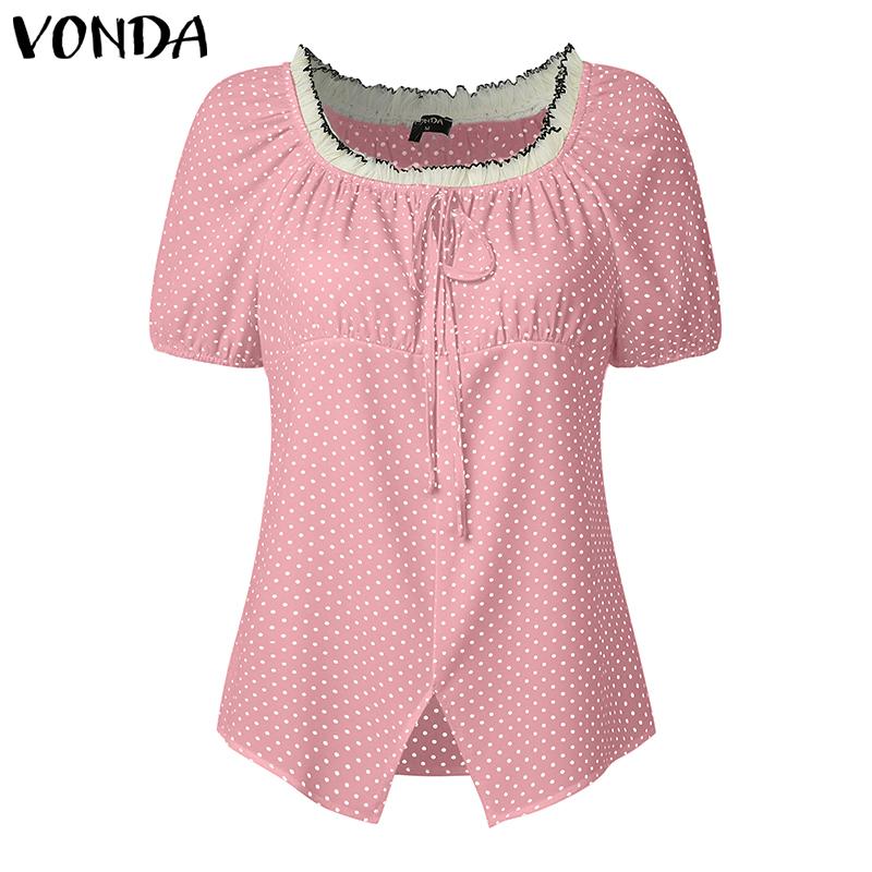 

VONDA Женская блузка с квадратным вырезом, короткими рукавами, оборкой по низу и принтом в горошек, повседневная, короткая S розовый