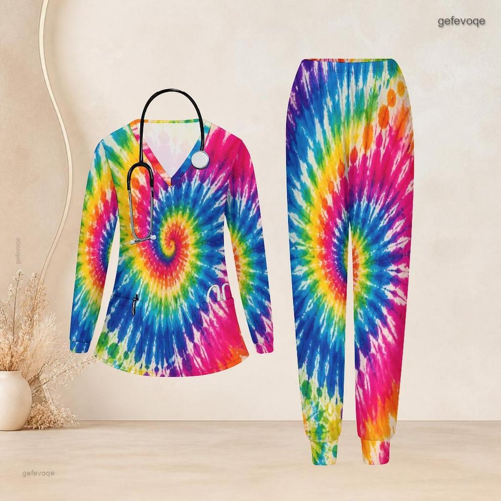 Women Plus Size Colorful Printed V Neck Long Sleeve Nurse Scrub Set With Pockets Top And Long Pants