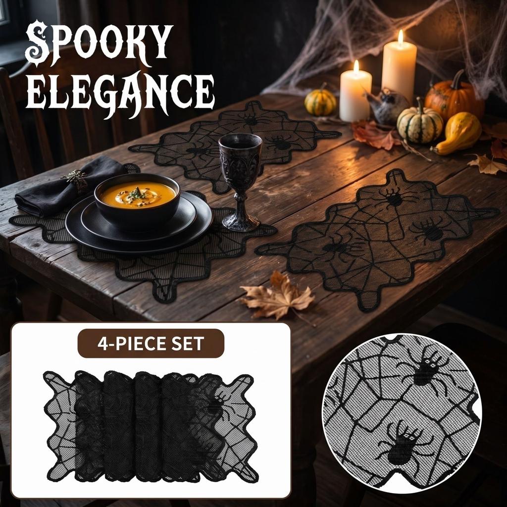 Halloween Black Lace Placemats Set of 4 with Design Decoration