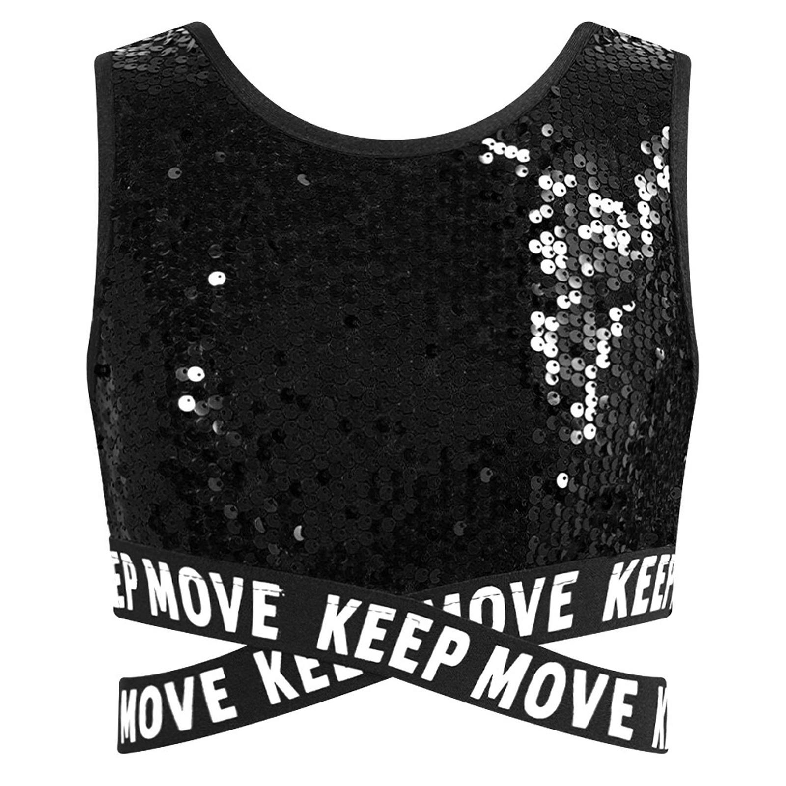 

Дівчата блискучі блискітки укорочений топ без рукавів круглий виріз перехресні талії хіп-хоп танцювальний одяг