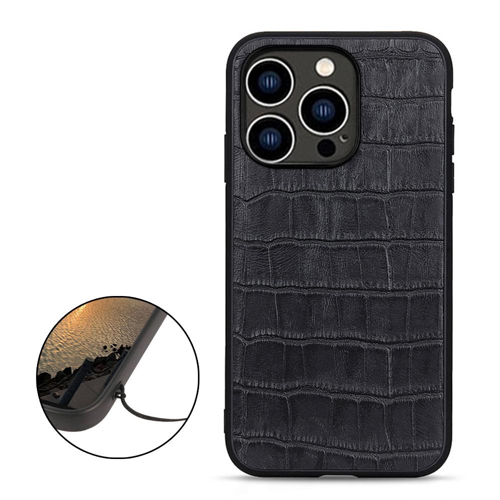 

For iPhone 15 Pro Anti-Scratch Shell Crocodile Texture Genuine Cow Leather+TPU+PC Phone Case Phone Cover Black