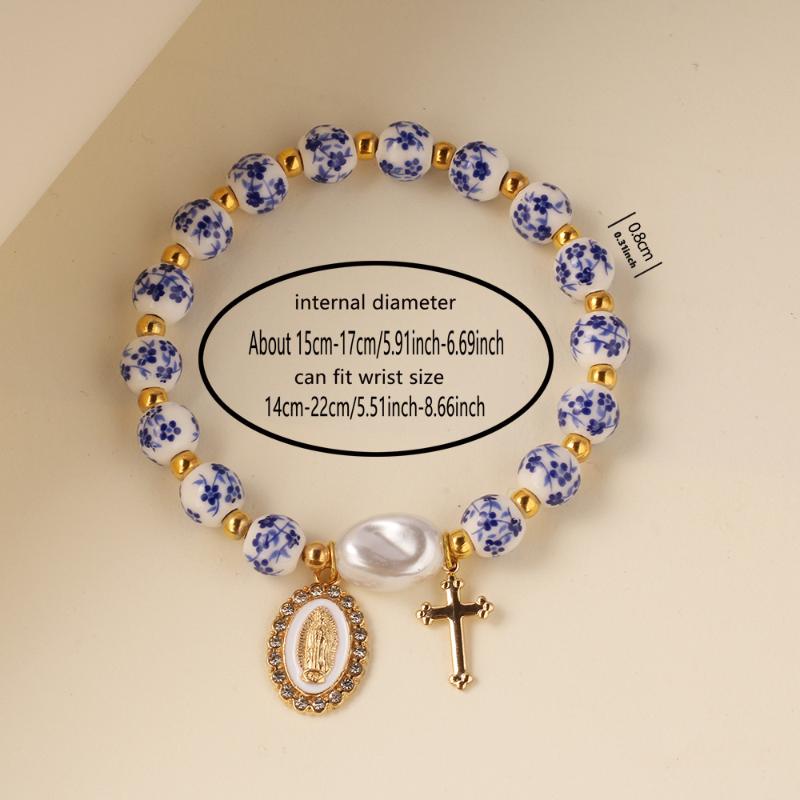 Boho Style Handmade Baroque Pearl Bracelet Ceramic Beads Blue White Porcelain Cross Jewelry for Party Accessory