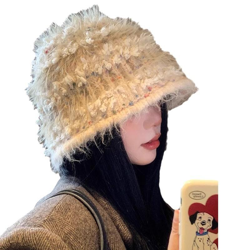 Sweet long brushed mohair knitted hat women's autumn and winter warm colored beanie striped plush fisherman hat
