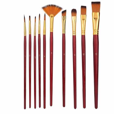 10pcs Nylon Hair Drawing Brush Variety Style Wooden Paintbrush Set for Gouache Oil PaintingBurgundy