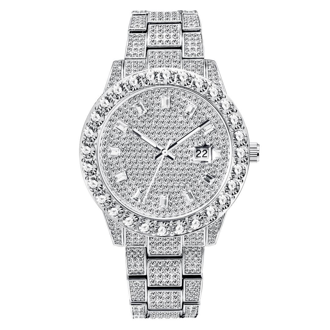 

Fashion Watch Decoration High-End Large Dial Full Diamond Watch Metal Men S Gold Plated Quartz Watch серебряный