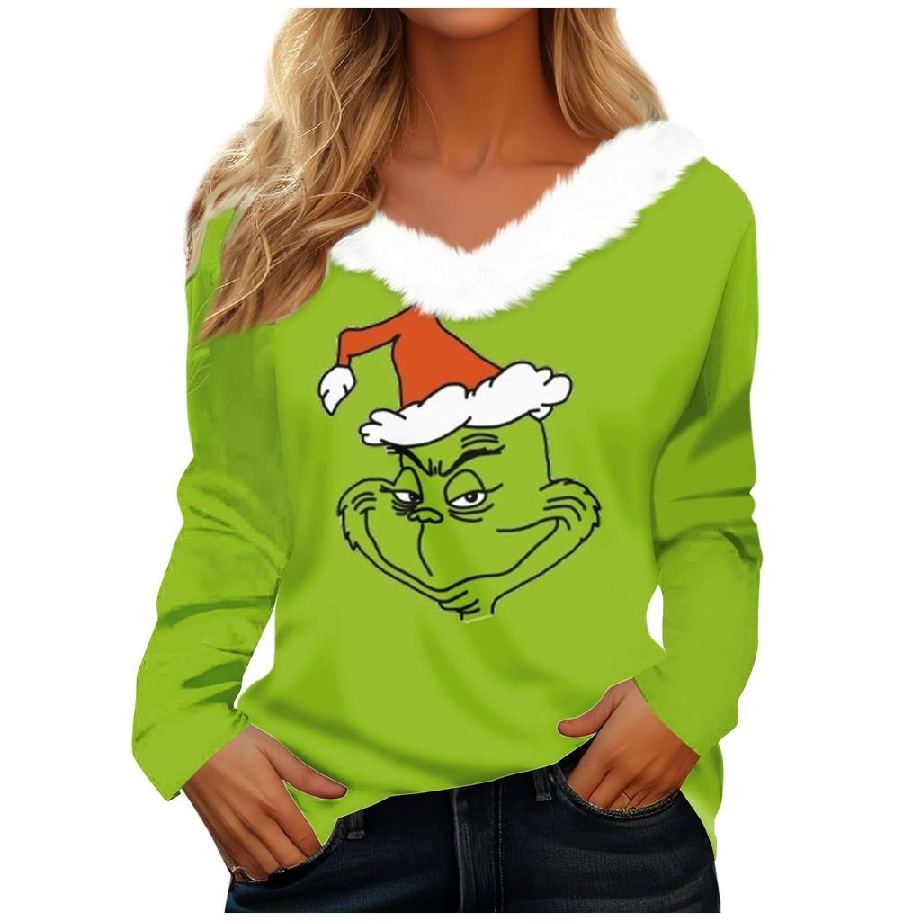 Women's T Shirt Tee Christmas Shirt Long Sleeve Party Christmas Fleece Collar V Neck Top