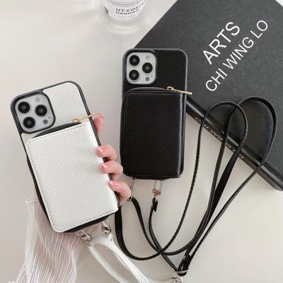 Umhängeband mit Reißverschluss-Geldbörse Handyhülle für IPhone 15 14 Plus 13 12 Mini 11 Pro XS Max X Kartenfach Halter Weiche Lederabdeckung