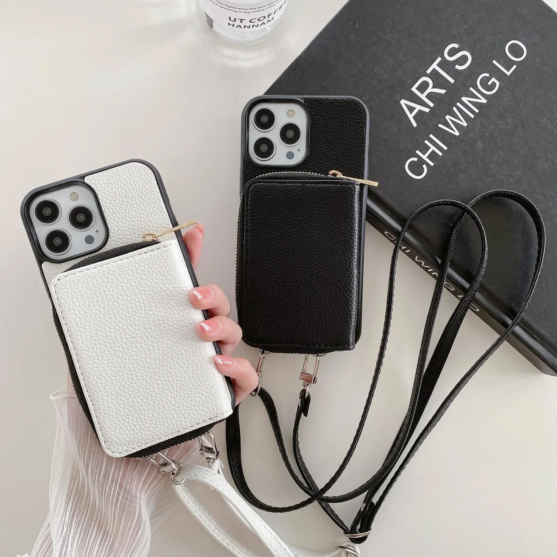 

Crossbody Lanyard Zipper Wallet Phone Case for IPhone 15 14 Plus 13 12 Mini 11 Pro XS Max X Card Slot Holder Soft Leather Cover IPhone 16 Plus білий