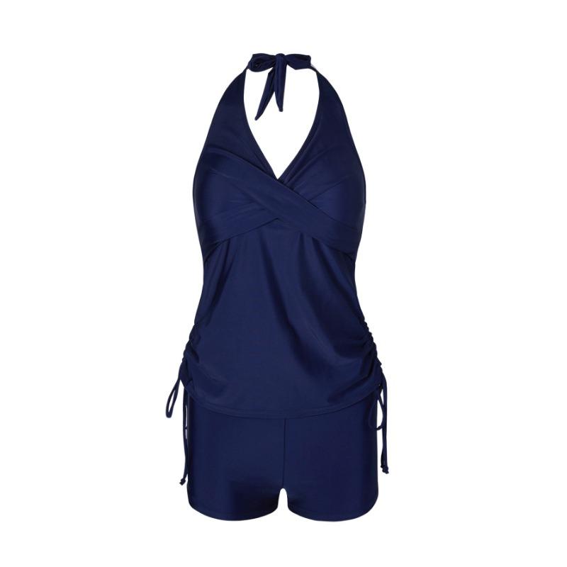 

Women s Black Halter Tankini Set with Shorts Wrap Front Drawstring Two Piece Modest Swimsuit M темно-синього кольору