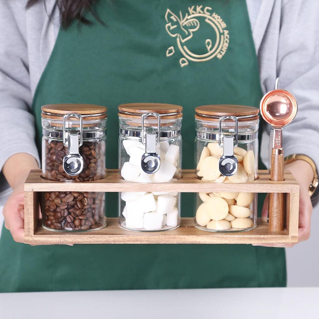KKC Coffee Bean Storage Container Sealed Canister Sugar Salt Flour Yeast Food Storage Container Glass Coffee Canister with Measuring Spoon 1200ML Set