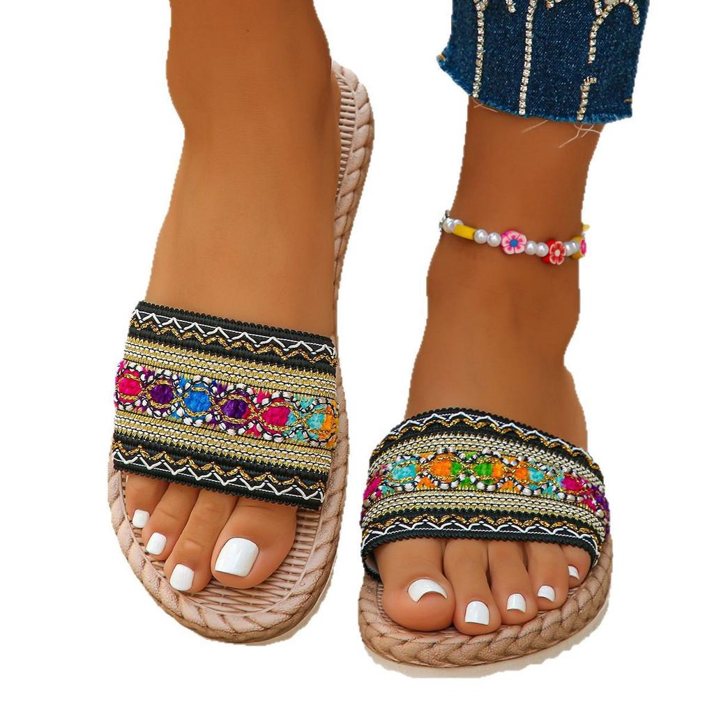 New thick-soled large-size shoes casual one-word flat-bottom cool slippers hemp rope bottom open-toe one-word drag