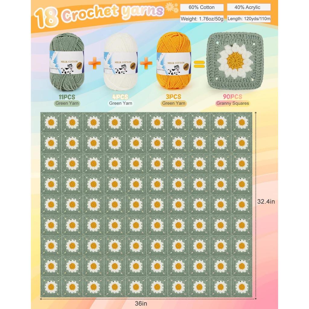 Coopay Crochet Kit for Beginners, Crochet Starter Kit for Blanket, Granny Squares Video Instructions, Easy to Learn Knitting for Beginner