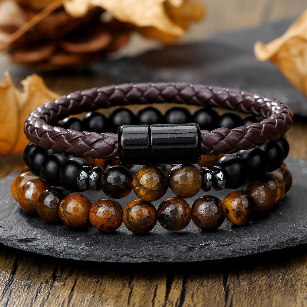 Black Matte Copper Inlaid Zirconium Diamond Ball Flying Saucer Long Bracelet Bracelet Set Wholesale Men's Woven Bracelet