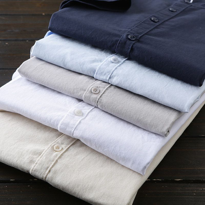 Cotton and Linen Washing Process! Export Tail Goods Summer Men Small Stand Collar Pure Color Linen Breathable Short Sleeve Shirt Top