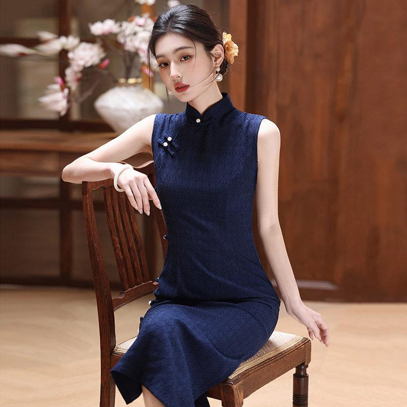 Blue National Style New Chinese Sleeveless Long Cheongsam Improved Young 1011 New Women's High Sense Daily Wear