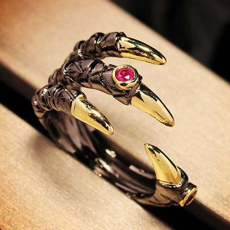 Vintage Metal Dragon Claw Ring for Men Personality Punk Two Tone Inlaid Pink Zircon Demon Ring Party Jewelry