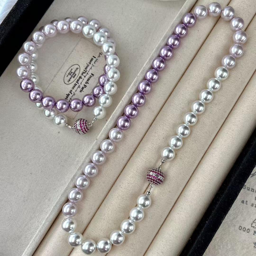 

Vintage Romantic Purple Cold White Gradual Change Tassel Artificial Crystal Pearl Necklace Collarbone Chain Diamond Ball Buckle