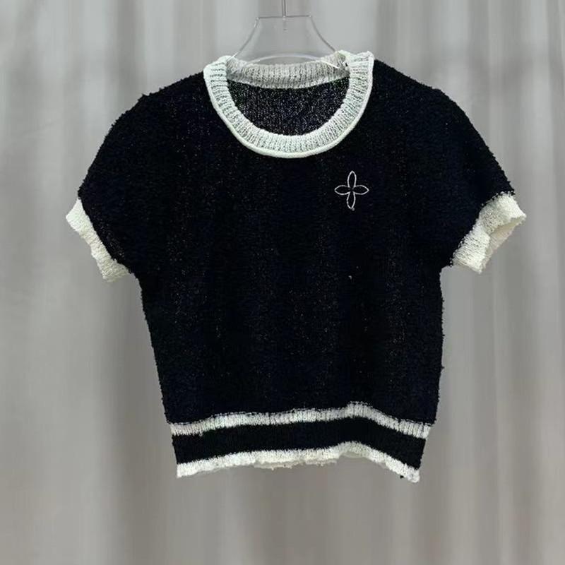 

Short Section Short-sleeved Knit Tops Hit The Color Splicing Thin Slim Inner T-shirt Female Casual Essential Comfort Style Slim Fit Pullovers Tees One Size чорний