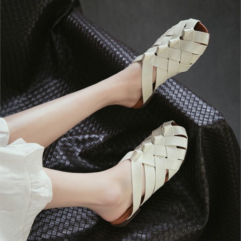 Johnature Genuine Leather Woven Breathable Peep Toe Flat Slippers Casual And Versatile Women's Slip-on Shoes