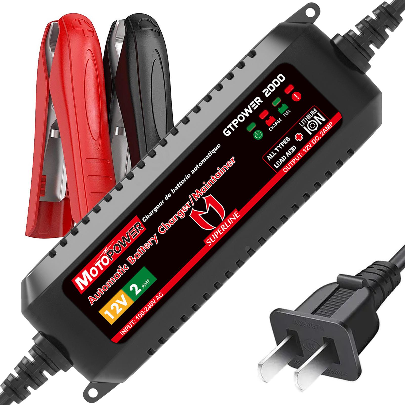 MOTOPOWER  2AMP Automatic Smart 12V Car Battery Charger for both Lead Acid Batteries and Lithium Ion Batteries  Motorcycle Boat US Plug