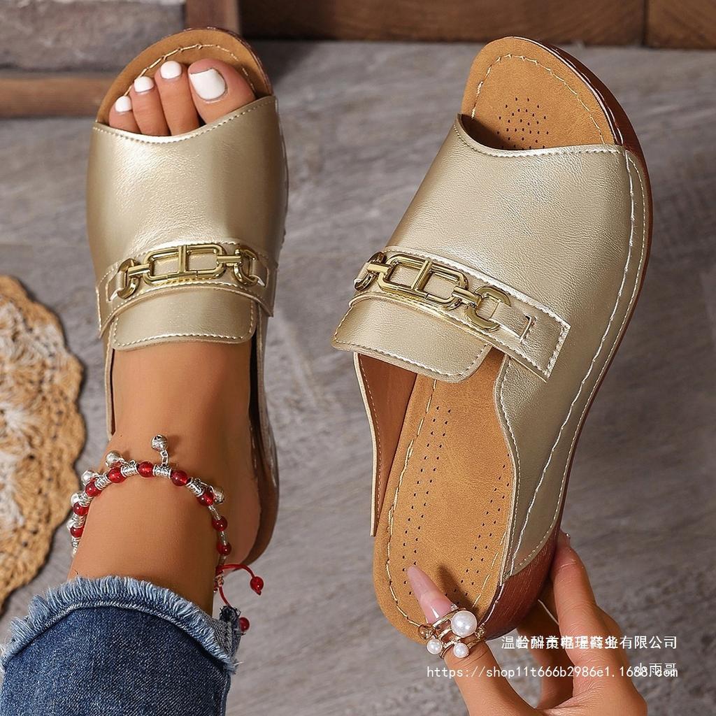 South East Asia Large Size Metal Decorative Slope Heel Platform Slippers Female Fish Mouth One Word Beach Cool Slippers