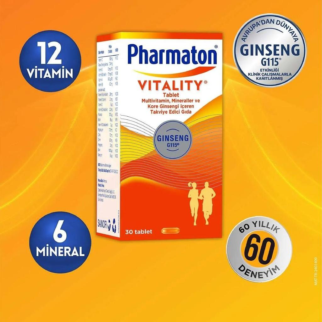 Pharmaton Vitality - Multivitamin, Minerals, and Korean Ginseng G115® Supplement, 30 Tablets
