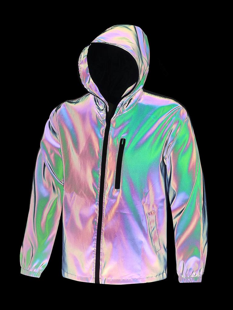 Men's Iridescent Reflective Hooded Windproof Jacket - Trendy Loose Fit, European & American Sizes
