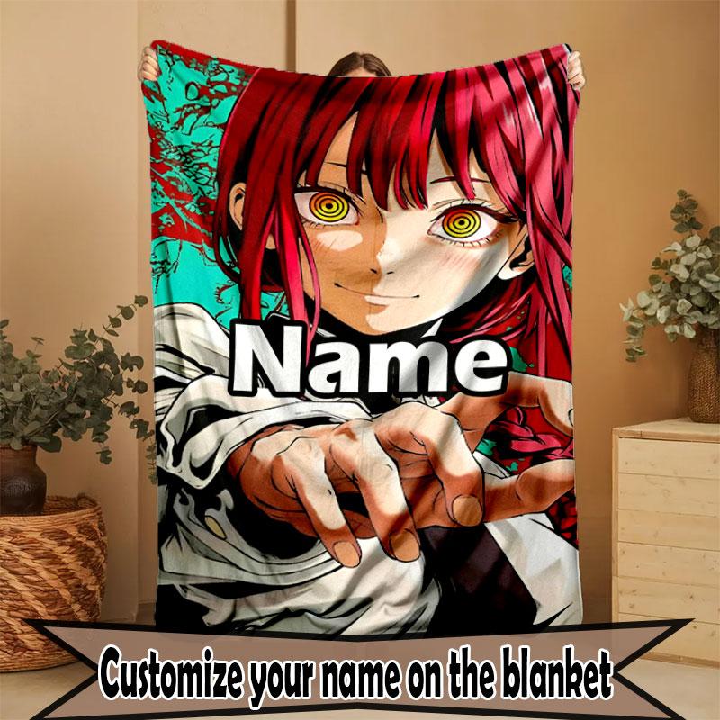 Custom Name Personalized Makima Chainsaw Man Print Blanket, Home Decor, Bedroom, Sofa, Camping, Couch, Gifts for Birthday Christmas