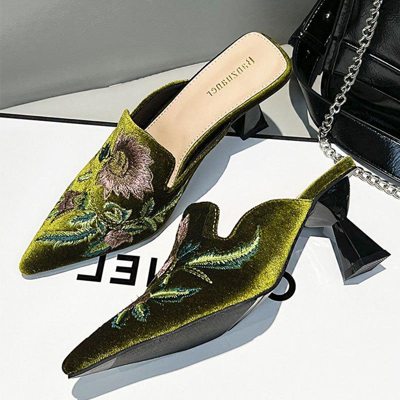 Fashion 2025 Autumn Embroidery Women Mules Slippers Luxury Fashion Elegant Pointed Toe Slides Shoes Ladies Dress Stiletto Heel Sandalias