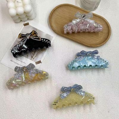Korean Style Rhinestone Bow Acetate Claw Clip - High-End, Fashionable Hair Bun Accessory