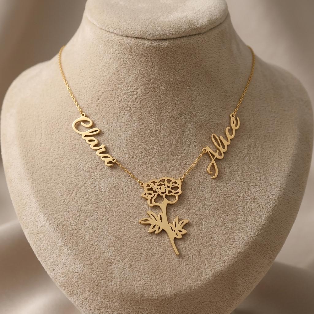 EMANCO Personalized Custom Multiple Name Necklace Stainless Steel Botanical Flower Necklaces Mother's Day Jewelry Gift