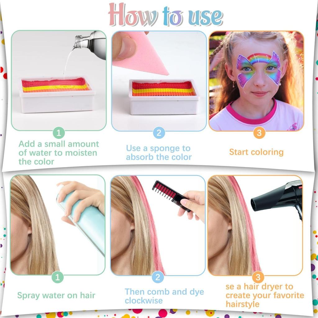 BRAINLE Kids Face and Body Paint Kit: Water-Based, Non-Toxic, 20-Color Oil Palette with 3 Glitters, 2 Hair Chalk Combs, 2 Paint Brushes, 32 Stencil
