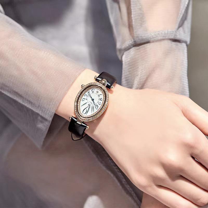 Women's Luxury Oval Leather Strap Watch with Diamonds