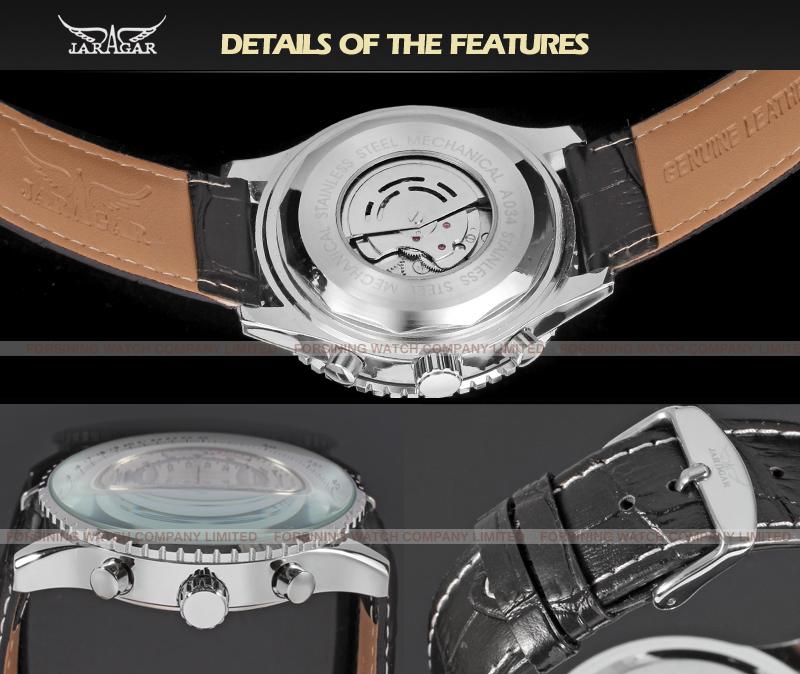Jaragar Top Brand Luxury Men Mechanical Watches Men's Automatic 6 Hands Genuine Leather Strap Black Auto Date Wristwatches