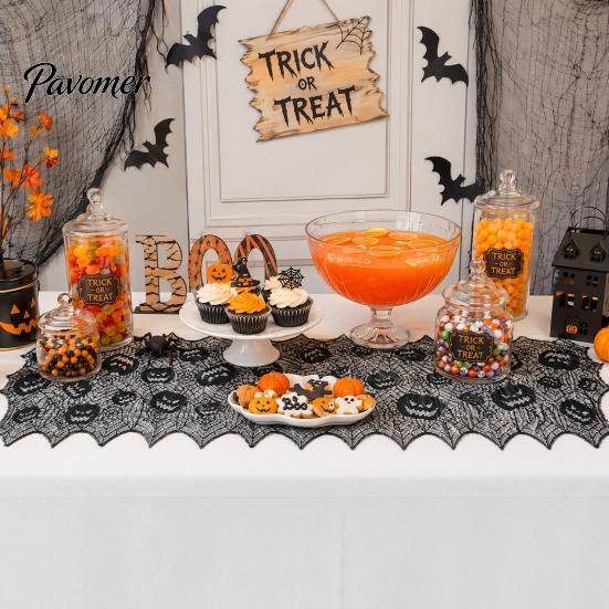 Halloween Centerpiece Runner Table Runner, 70 X 15 Inch Black Lace Spider Web Dark Spooky Gothic Pumpkin Dinner Decoration for Kitchen Decor,