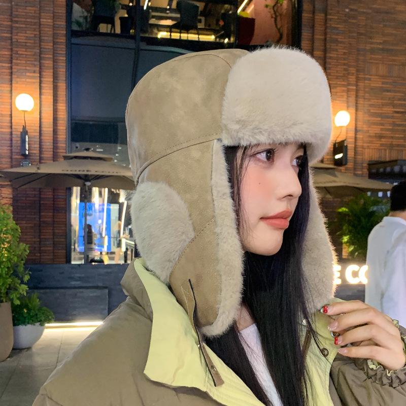 Winter Suede Hat Women's Ear Protection Pullover Cap Outdoor Cycling Skiing Thick Coldproof Bomber Hat