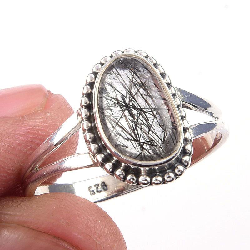 

Natural Black Rutile Gemstone Handmade 925 Solid Sterling Silver Ring S.9 C9q08