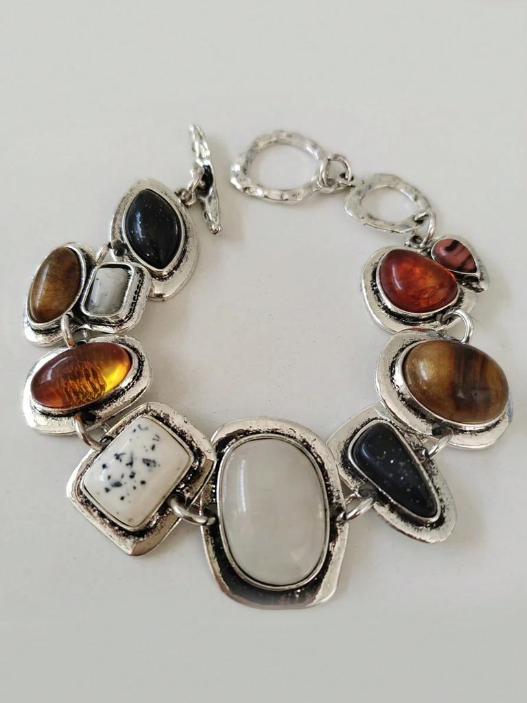 1Pc  Bohemian  Vintage Bracelets Women Fashion Golden Metal Hollow Link Charm Resin  Statement Bracelets