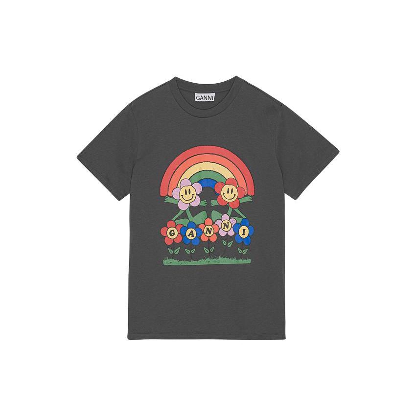 Ganni Ss23 Rainbow Pattern Printed Straight Casual Short Sleeve T-Shirt Women Tops Volcanic-Grey T3555490
