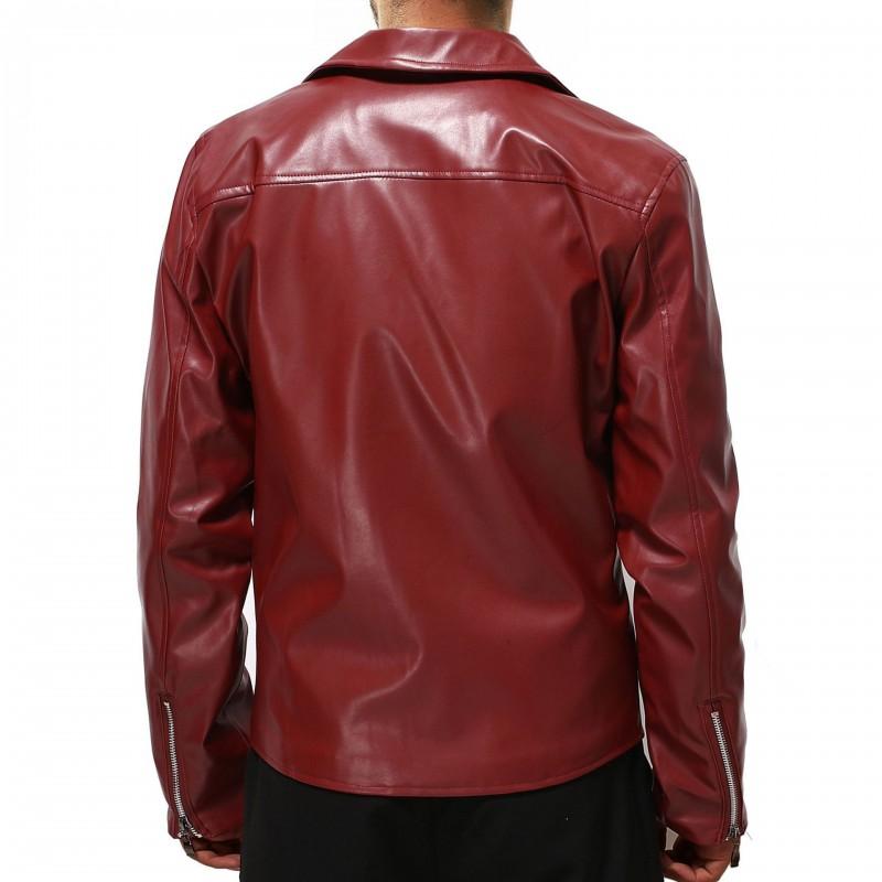 Mens PU Leather Biker Jacket With Notched Collar Slim Fit Fashion Coat In Burgundy Black