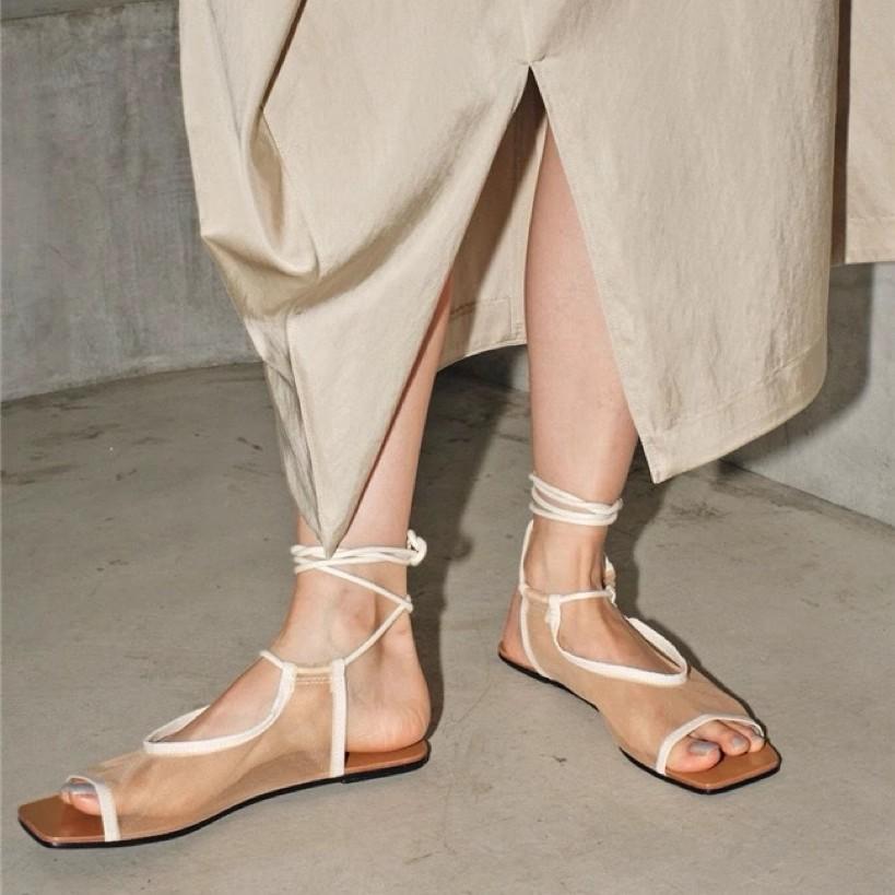 Fashion French Style Square Toe Lace-up Breathable Mesh Open Toe Flats Sandals For Women 2025 Summer Shoes Ankle Strap Sandalias Mujer