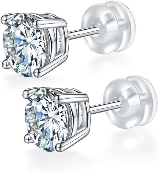 New S925 Sterling Silver Setting Round Faceted Cut Moissanite Diamond Women Ear Stud Earring Pair Fine Jewelry for Women Men
