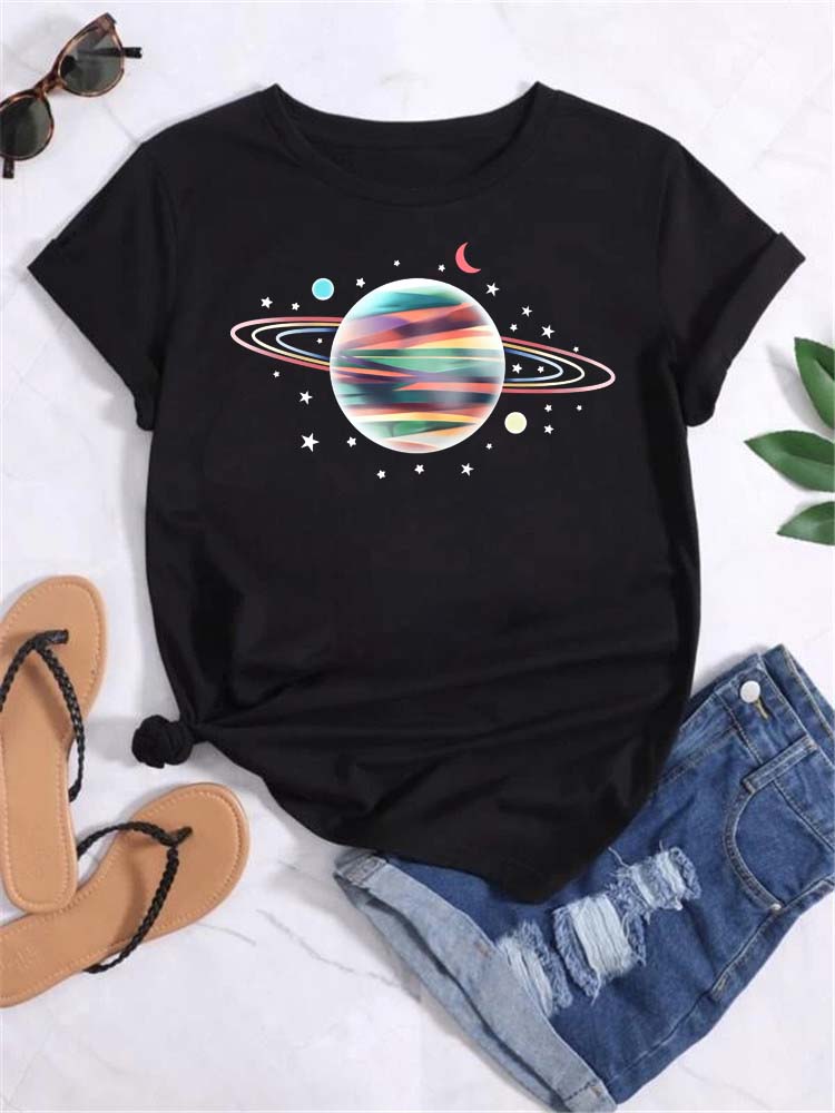 Maycaur T Shirt Women Moon Planet Print Fashion Tee Shirts Casual Round Neck Short Sleeve Streetwear Female T-Shirt Vintage Tops