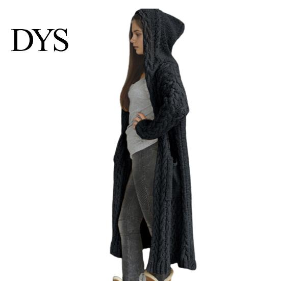 Hooded Coat Women Sweater Jacket with Pockets Mid Length Knitted Twisted Texture Solid Winter Color Long Sleeve Plus Size Thick Daily Commuting