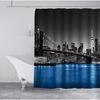 Namdeva Cityscape Shower Curtain, NYC Night View Blue East River Brooklyn Bridge Black and White Skyscraper Skyline Famous Building Modern Bathroom