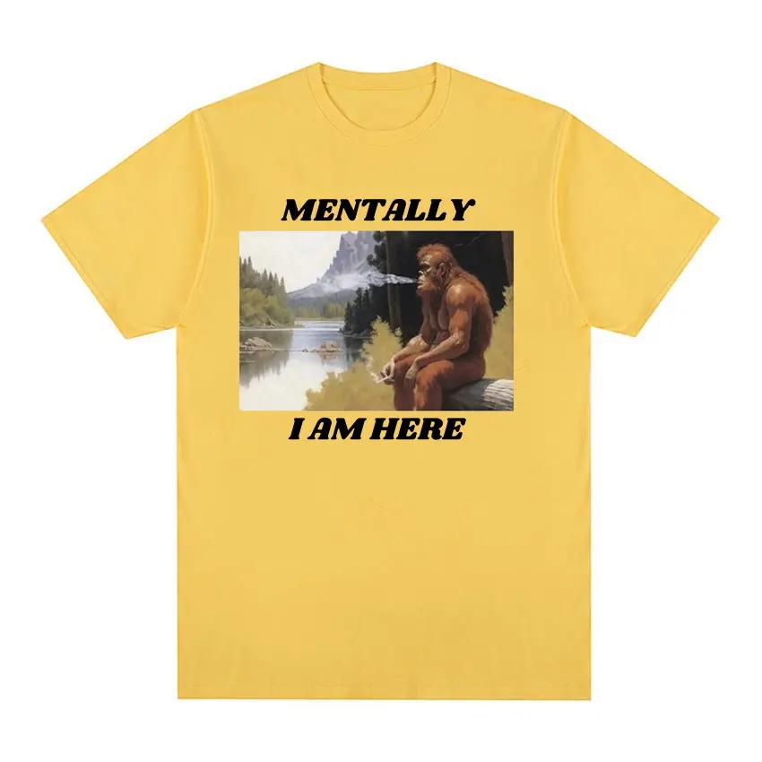 Mentally I Am Here Monkey Funny Meme Pattern T-shirt Men's and Women's Retro Fashion Short sleeved T-shirt Y2k Clothing