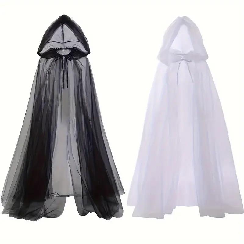 1 X Gothic Elegant Double Layer Sheer Mesh Shawl - Full Coverage Black and White Tassel Witch Vampire Cape, Suitable for Hallowe